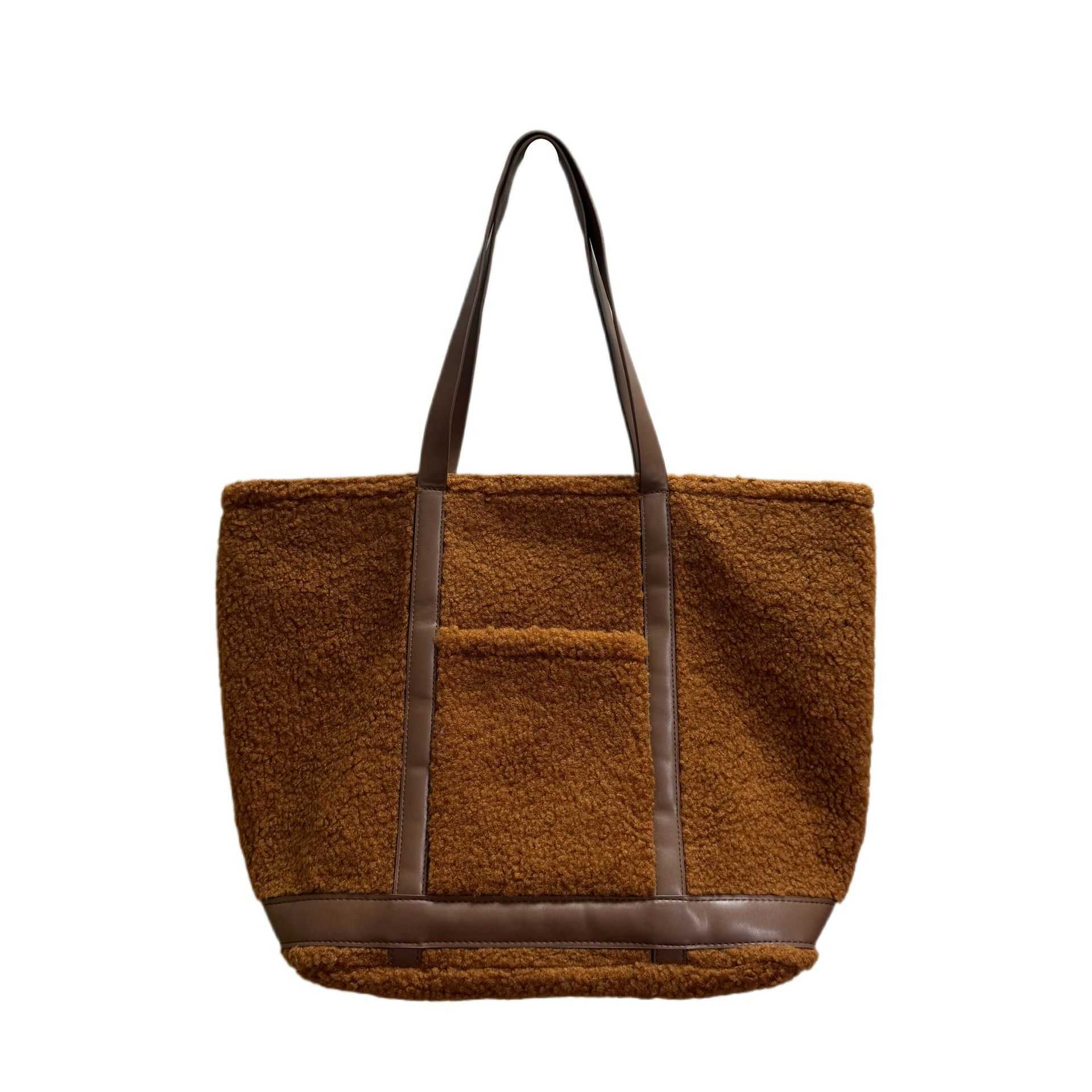 Homemade tote bag women, large capacity autumn winter lamb wool plush bag, shoulder bag, casual versatile 241015
