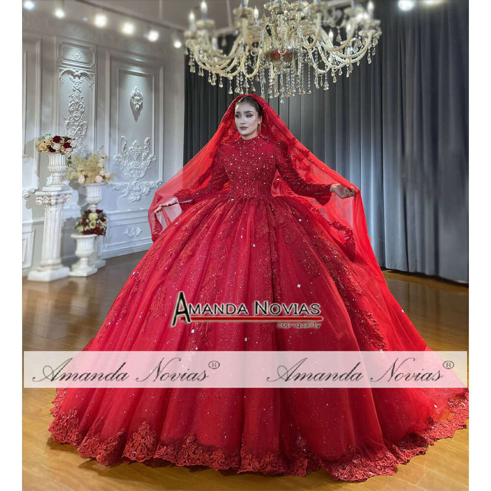 Full Cover Wine Red Wedding Dress For Muslim