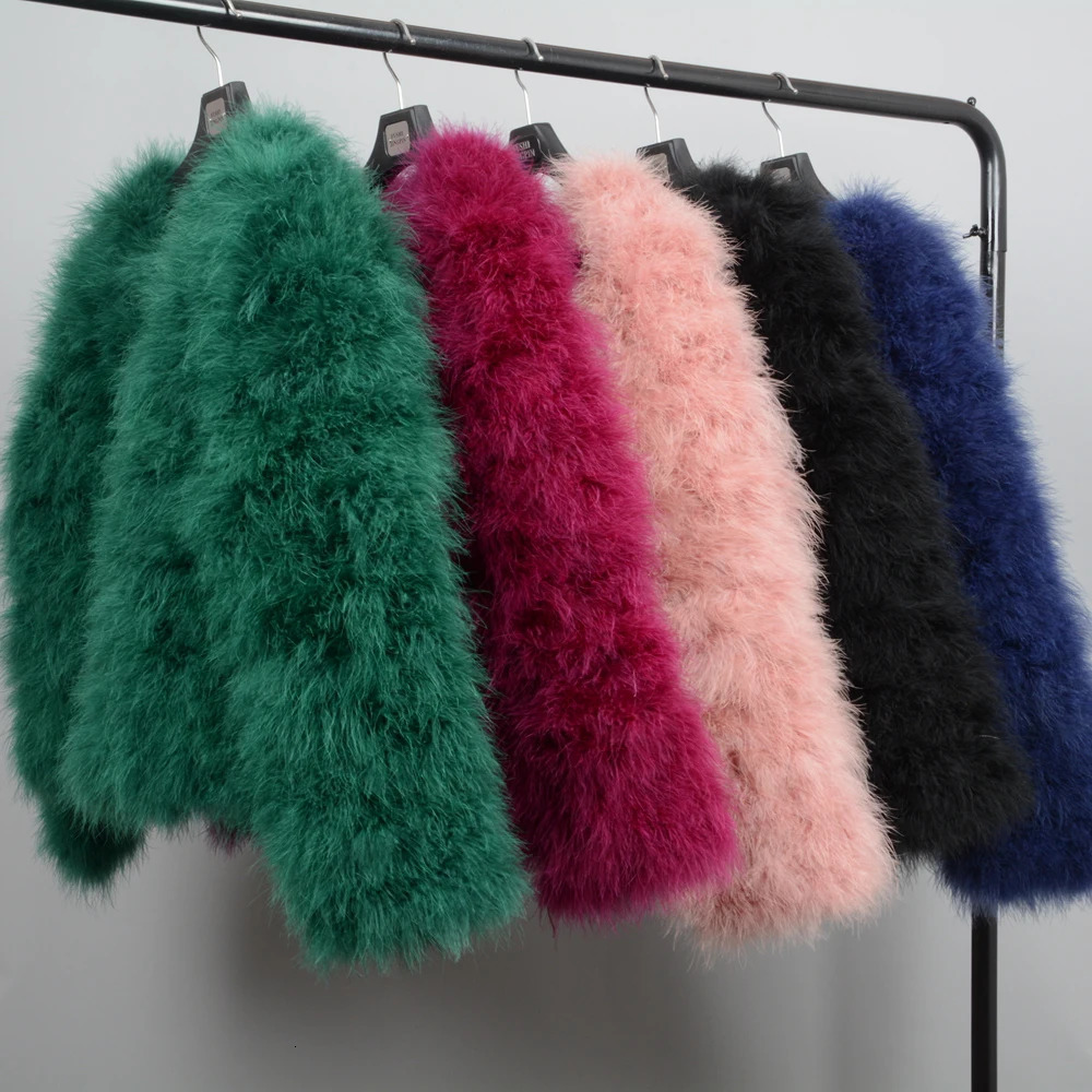 Real Ostrich Fur Feather Coat Short Jacket Furry Fluffy Party Long Sleeve Winter Women Coat Outerwear Plus Size Puffy Turkey Fur 241009