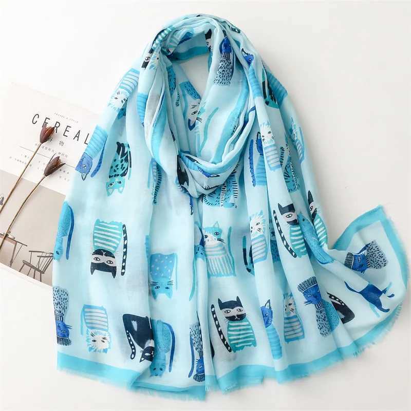 2023 Autumn Cute Cartoon Cat Pattern Adhesive Shawl Womens High Quality Soft Packaging Pashmina Stole Bufandas Muslim Headscarf 180 * 90cm X241017