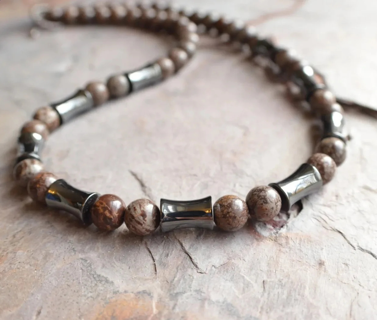 Mens necklace featuring natural coconut pearls white natural shell sea stone pearls and black wood pearls. Surfer necklace 241017