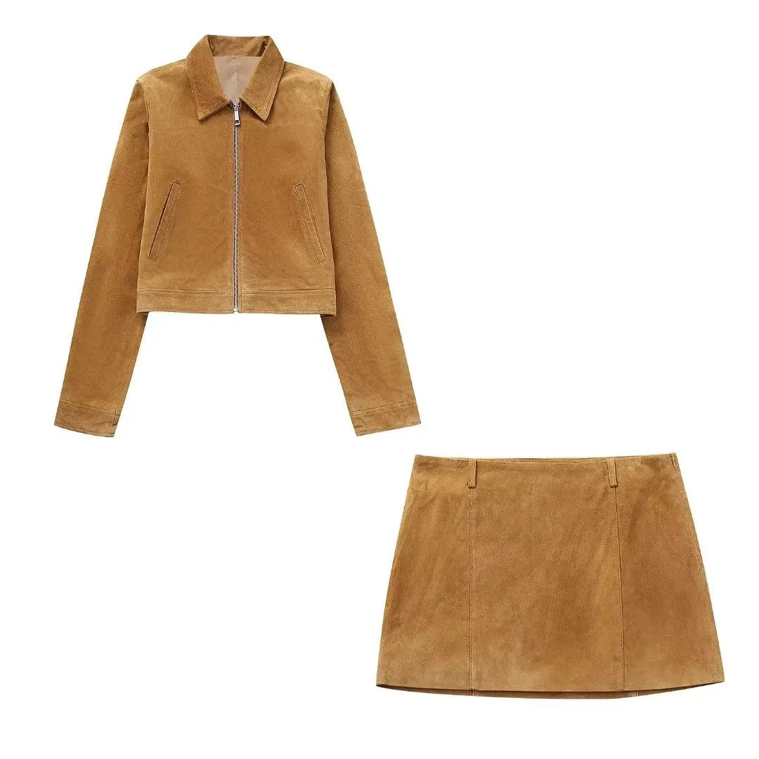Womens Brown Zopper Short Coat Two-piece Autumn Winter 2024 Solid Color Lapel Suede Jacket Skirt Suit for Women 241017