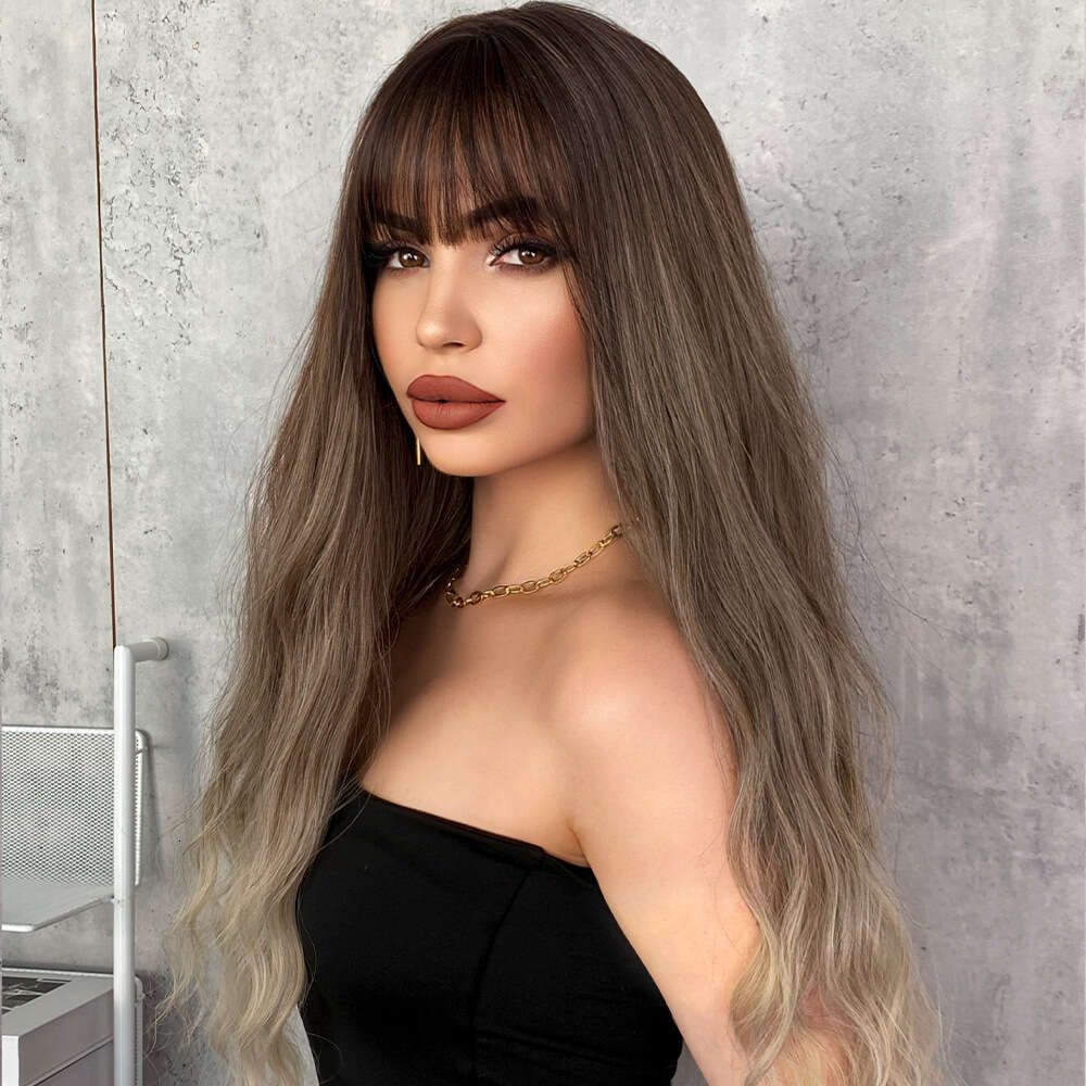 Brown Gradient Wig With Bangs, Long Curly Hair, Big Waves, Women's Headband