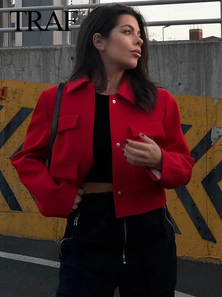 TRAF Womens Fashion Autumn Casual Loose Red Coat with Collar Slim Fit Single Chest Front Warmth Womens Fashion Jacket Y2K 241017