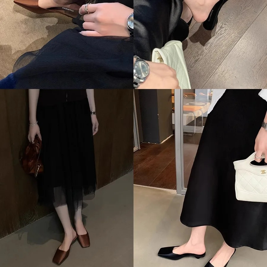 French Ladies Slides Square Toe Temperament High Heels Solid Color Satin Finish Mules Slippers Elegant Triangular Heel Sandals 241010