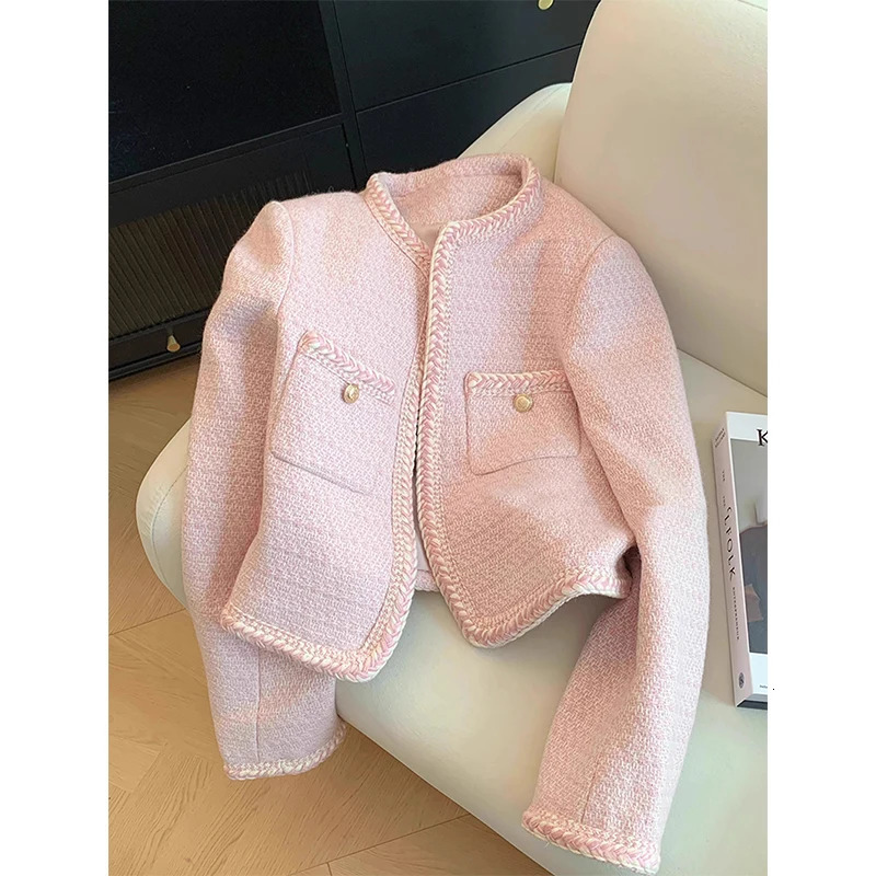 MEXZT Elegant Tweed Jacket Women Sweet Cropped Pink Coat Winter Korean Single Breasted Blazer Ladies Vintage Short Outerwear 241017