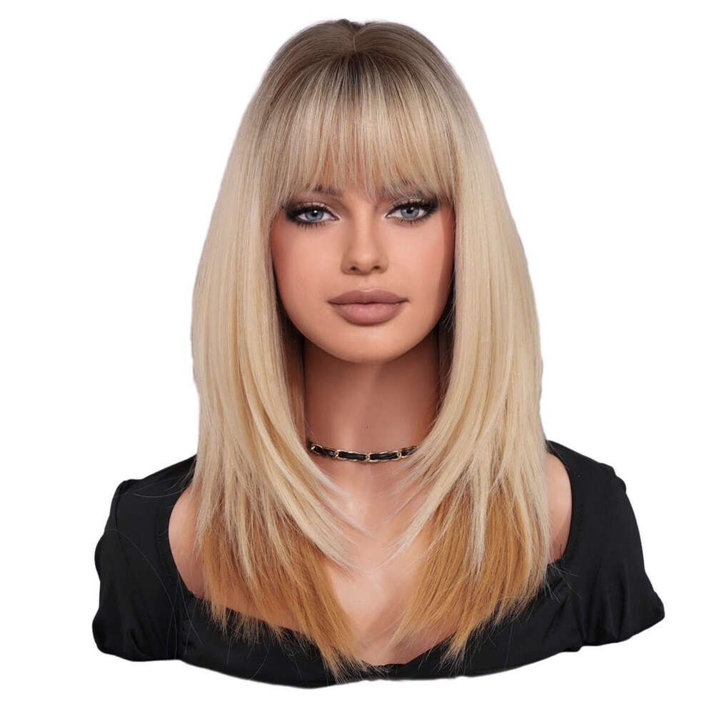 Golden Long Women's Bangs, Siamese Cat Layered Wig, Tail Dye, Synthetic Fiber Hair Cover, 20 Inches