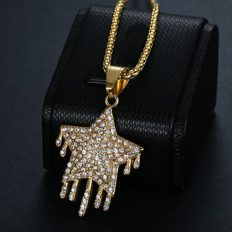 Hip Hop Waterdrop Star Pendant Necklace Stainless Steel 18K Gold Plated Jewelry