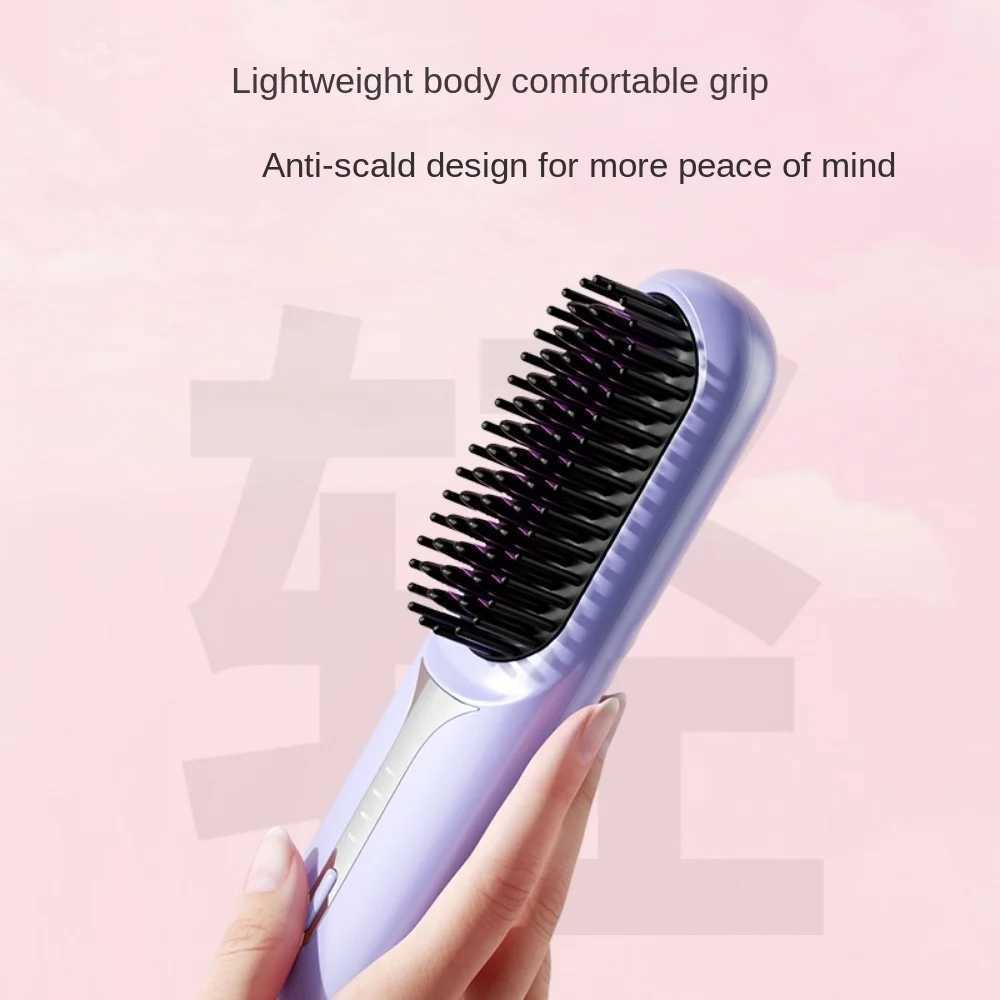 Hair Straightener Brush USB Rechargeable Cordless Negative Ions Hot Brush Electric Fluffy Curly Hair Styling Detangling CombXJ241016