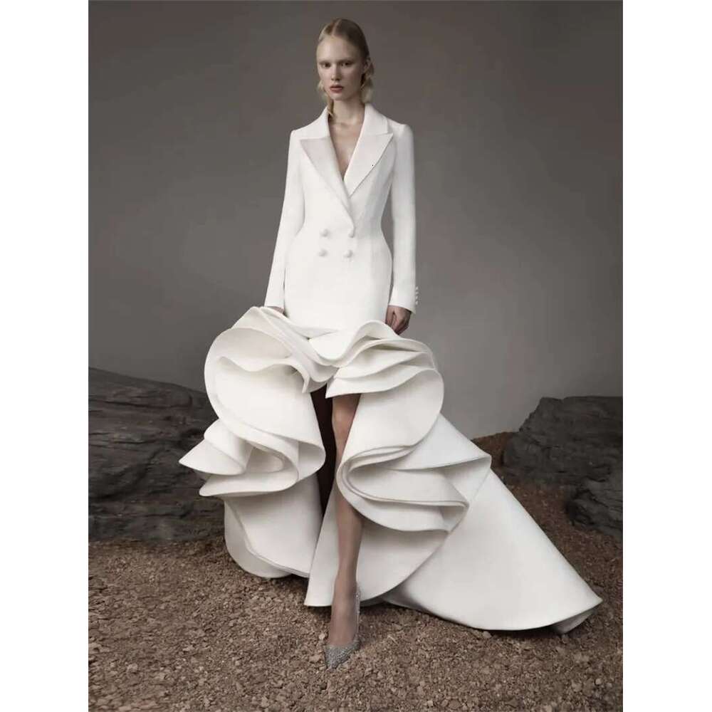 Tiered Pleated Women Suit Evening Dresses Double Breasted Deigner Custom Made Long Sleeve Satin Prom Gown Bc19643 0213