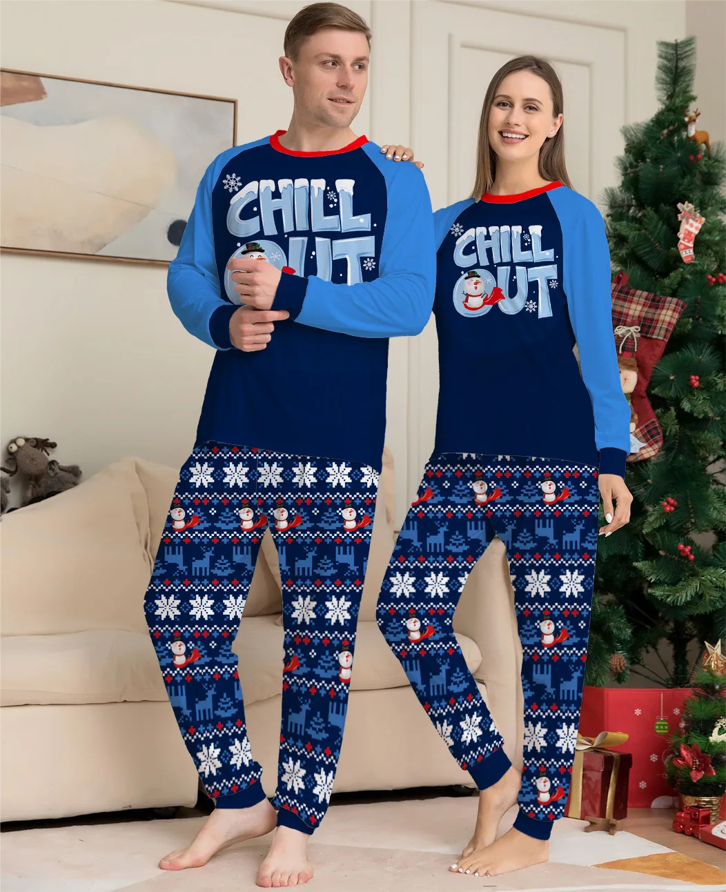 Christmas Pajamas Family Set Blue Printed Matching Couples Women Men Kids Boy Girls Pjs 241017