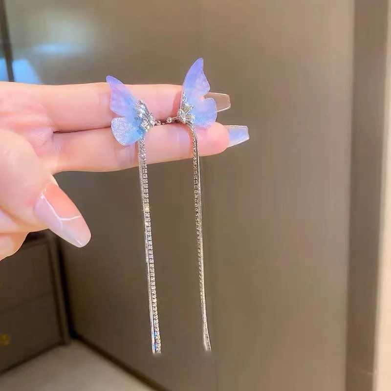 Exquisite blue chiffon butterfly clip earrings suitable for women non perforated bow knot zircon ear bone earrings fashionable jewelry party gifts W24