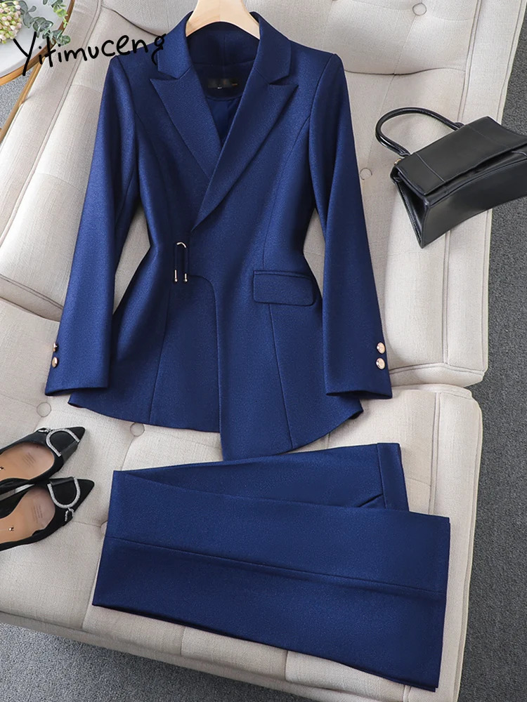 Brown Navy Blue Black Womens Formal Pants Set Jacket and Trouser Work Clothes Autumn Winter 2piece 241009