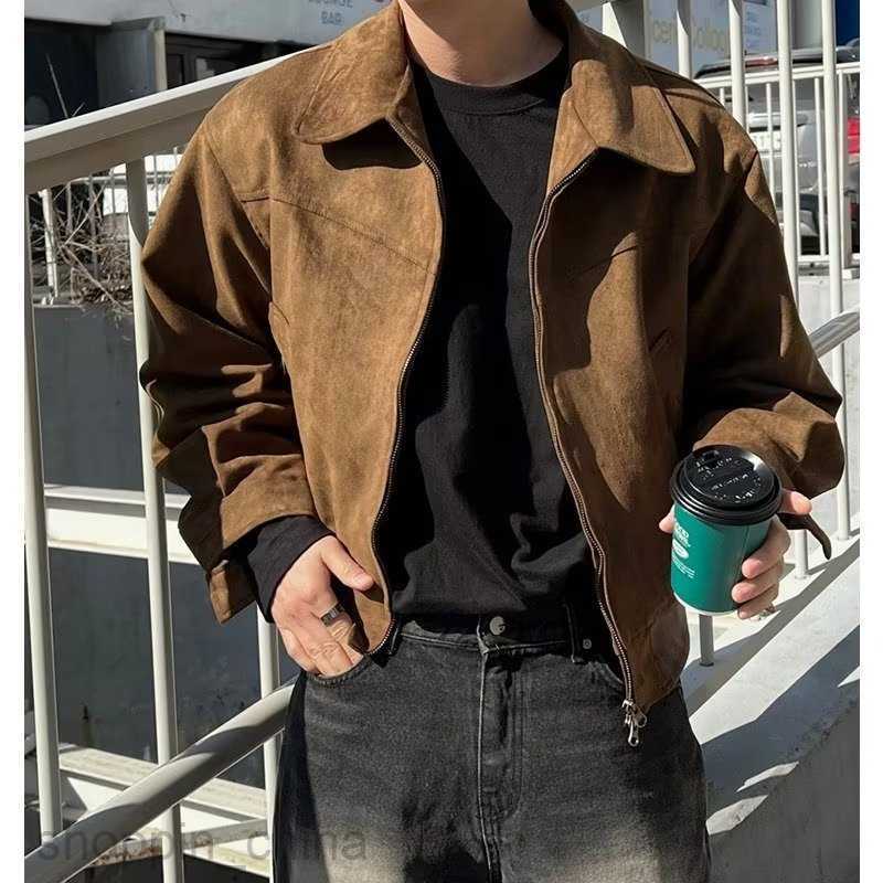 Men's Jackets Coats Maillard Wear Brown Coffee Suede Coat Men's Spring and Autumn Vintage Short Flight Jacket