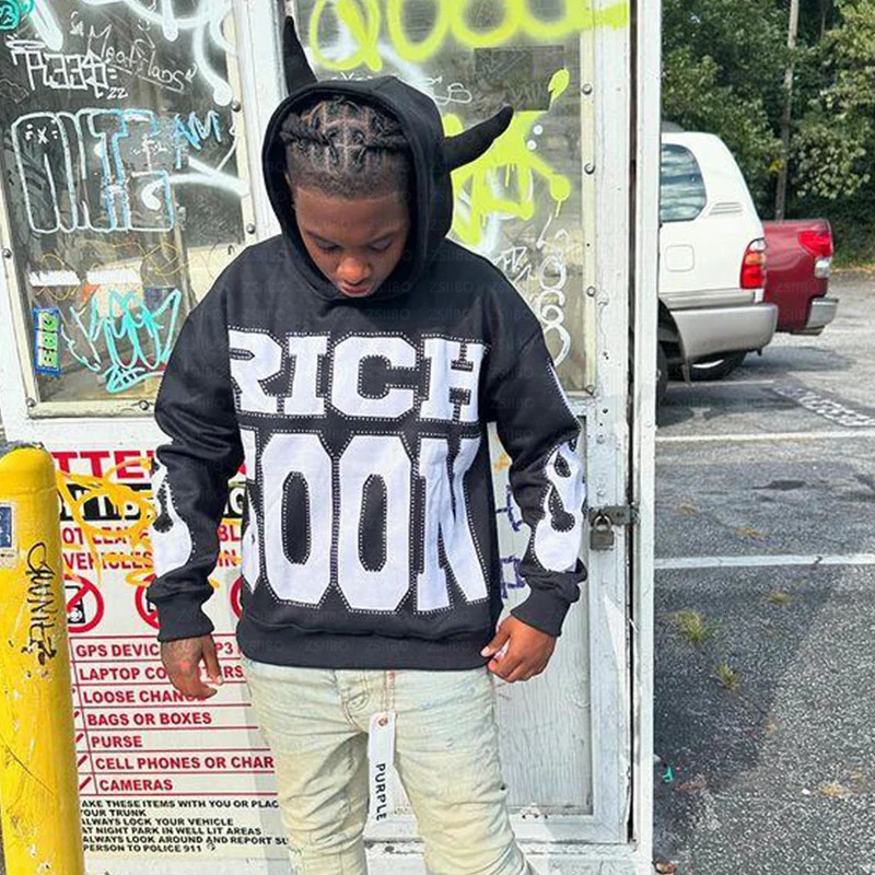 Funny Rhinestone Print Hoodie Y2K Aesthetic Fashion Retro Horn Long Sleeved Hooded Sweatshirt Women Men Clothing Kpop Street Top 241017