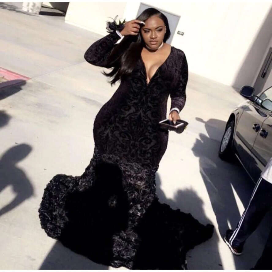 Girls African Plus Size Mermaid Prom Dresses 2018 Black Lace Long Sleeves Handmade Wers Evening Party Gowns Ba8406
