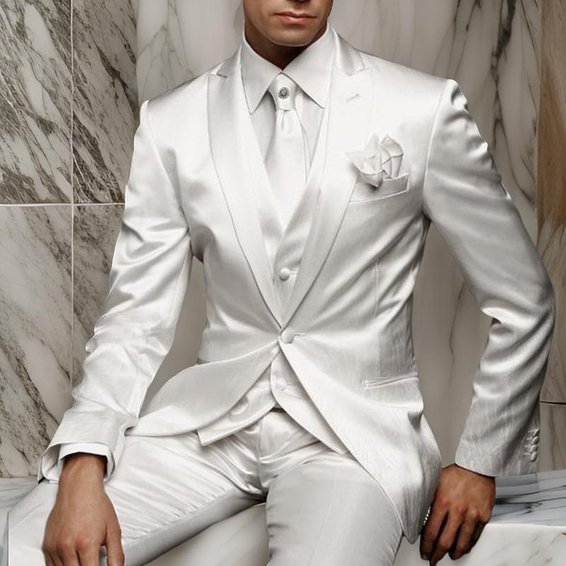 Formal Mens Suits Slim Fit For Wedding Groom Tuxedos 3 Pieces White Satin Male Fashion Costume Set Jacket With Pants Vest 2024