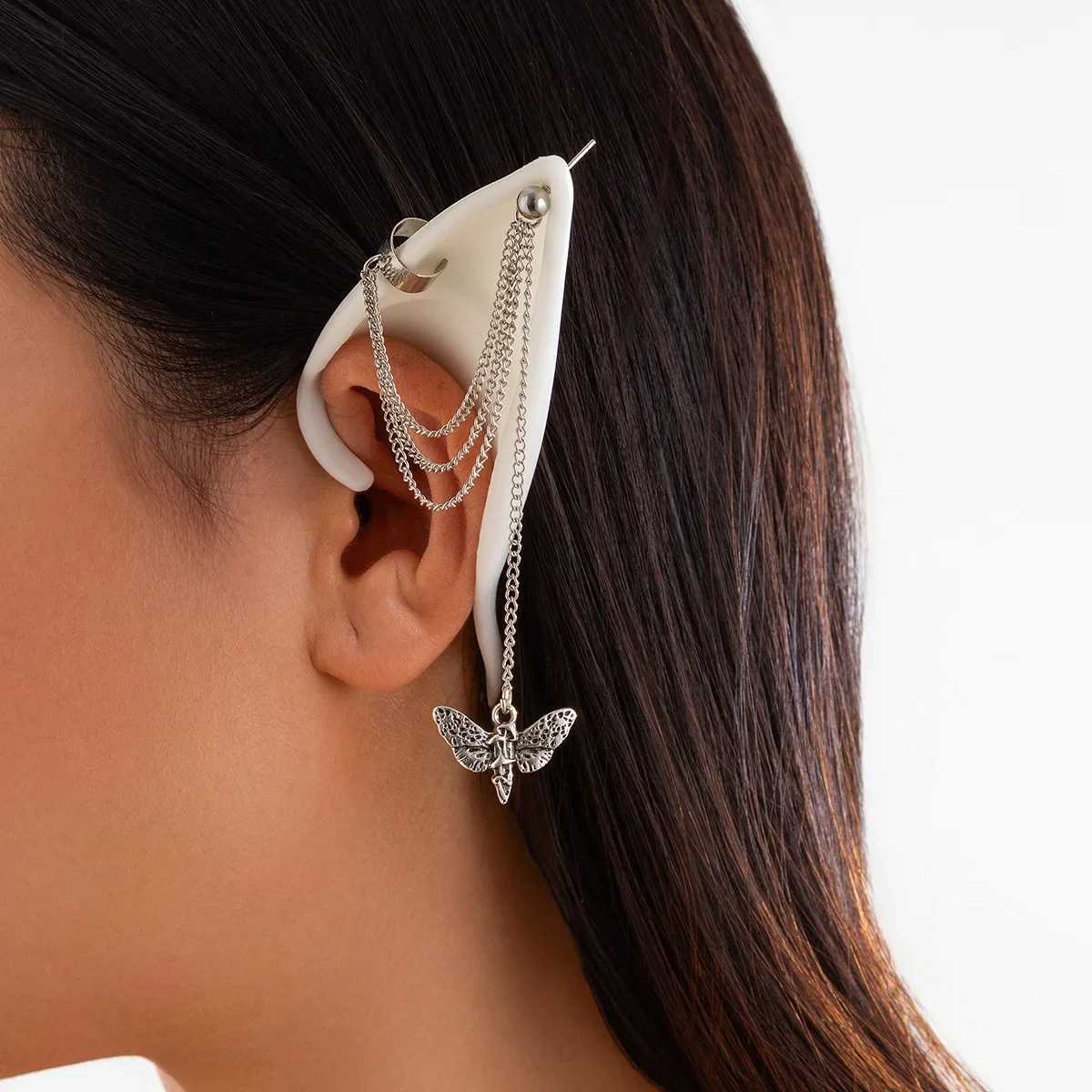 White elf tassel butterfly chain silicone ear clip earrings womens fashion jewelry minimalist accessories wholesale Halloween W241017