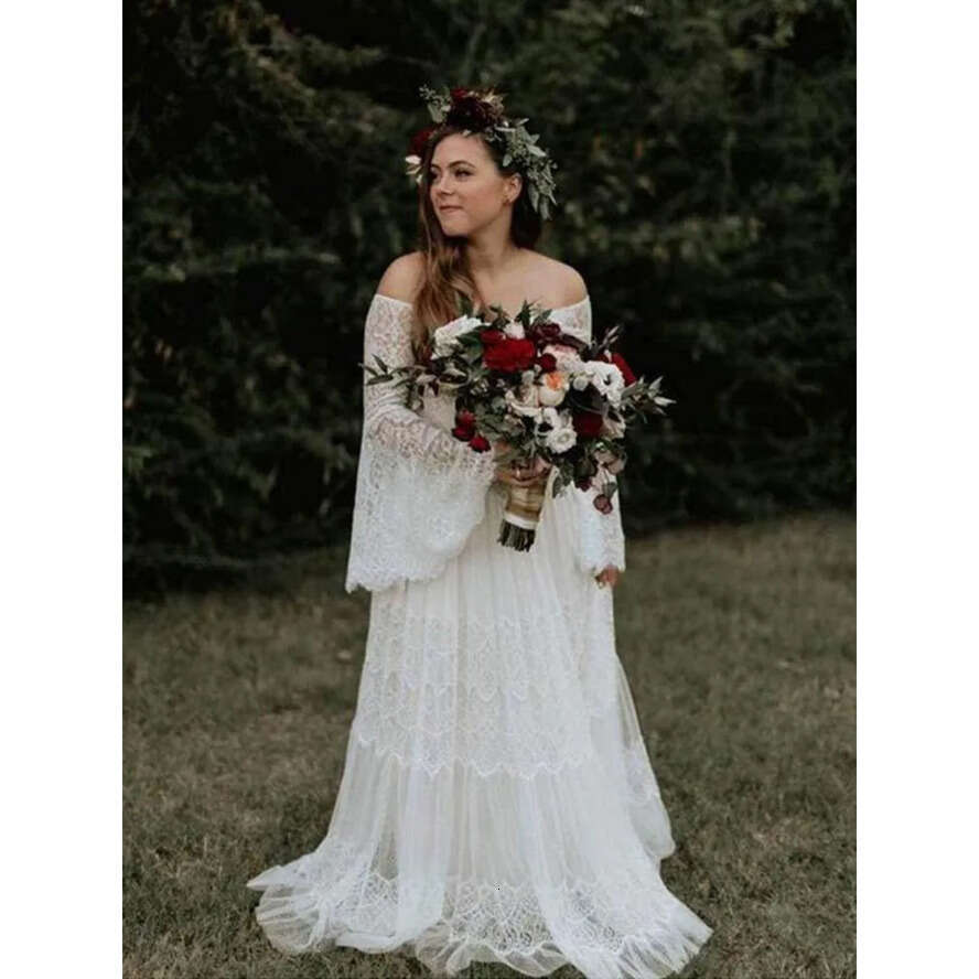 Wedding Boat Dresses Neck Long Sleeve Lace Bridal Gowns A E Sweep Train Vestido De Novia Bc3023