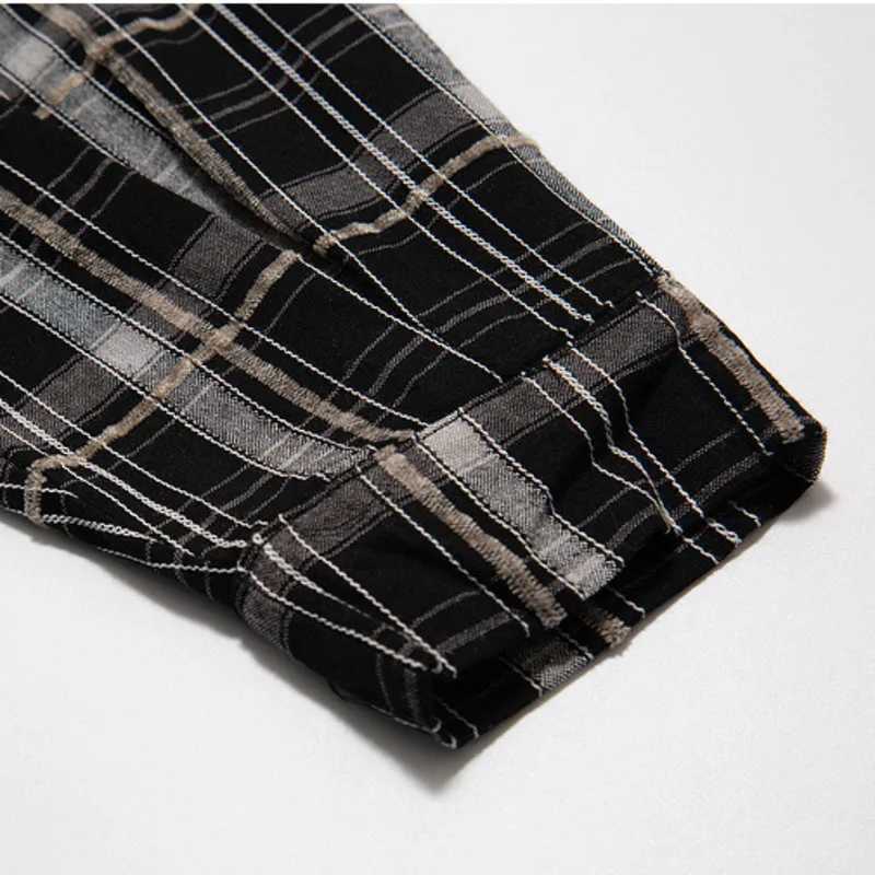 Hip Hop Men Plaid Shirt Streetwear Patchwork Button Up Long Sleeve Cotton Shirt 2024 Summer Harajuku Vintage Casual Loose Shirts LX241017