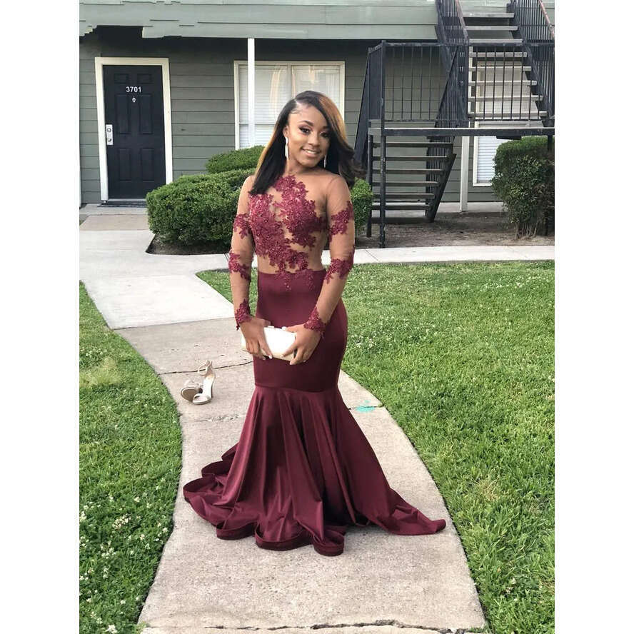 Prom Dresses Mermaid Bury For Black Girls 2019 African Long Sleeves Lace Appliqued Backless Evening Party Gowns Vestidos Bc1245