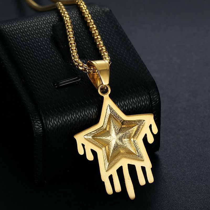 Hip Hop Waterdrop Star Pendant Necklace Stainless Steel 18K Gold Plated Jewelry