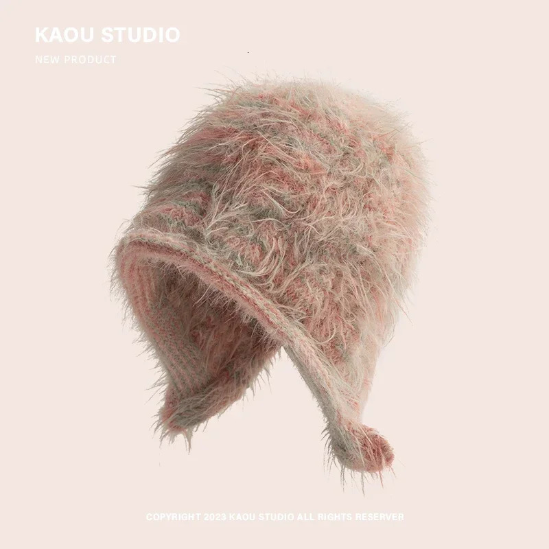 Japanese Colored Plush Knitted Womens Hats Autumn and Winter Korean Version Cute Sweet Warm Ear Protection Versatile Beanies 241009