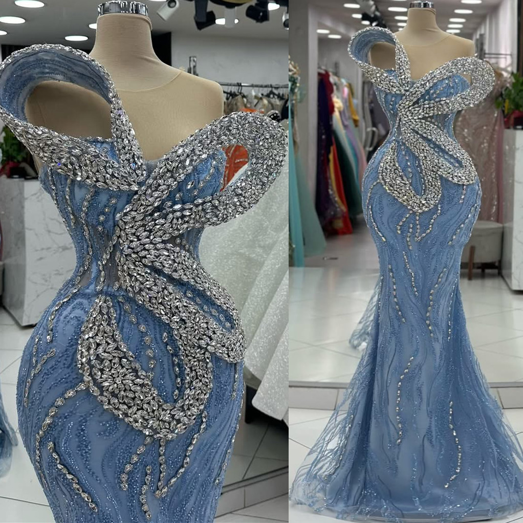 Aso Ebi 2024 Light Sky Blue Mermaid Prom Dresses Rhinestones Sequined Lace Evening Formal Party Second Reception Birthday Gowns Dress For Special Occa
