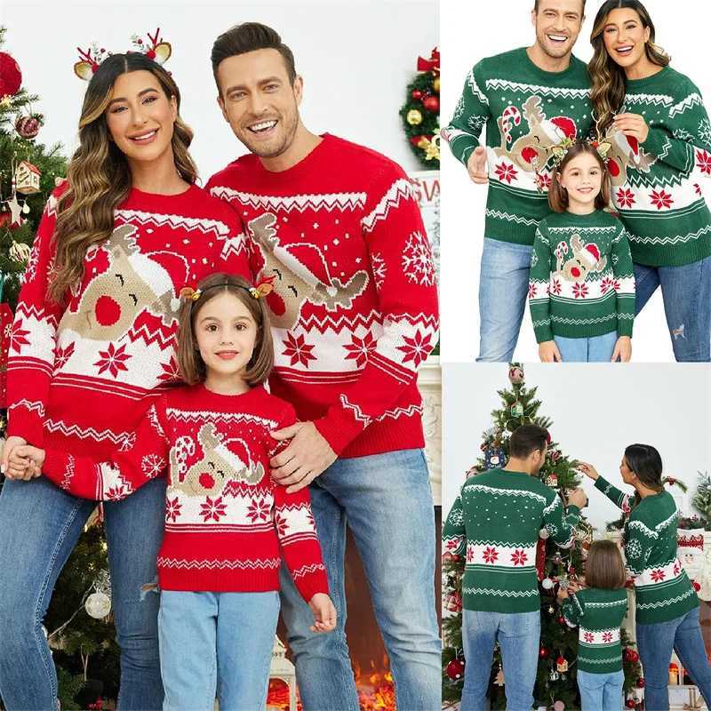 Lamuusaa Christmas Sweater Family Match Adult and Children Cartoon Deer Print Round Neck Long Sleeve Pullover Top Fashion Street Clothing W241015