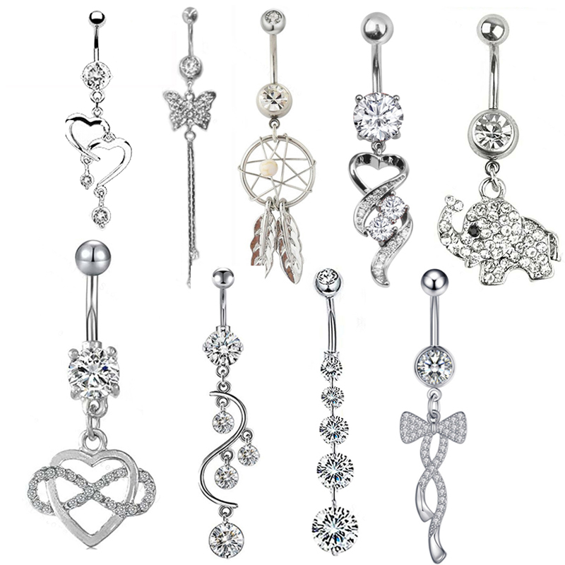 Zircon Crystal Belly Button Ring Dangle Wing Piercing Nombril Ombligo Surgical Steel Barbell Heart Round Navel Stud Body Jewelry