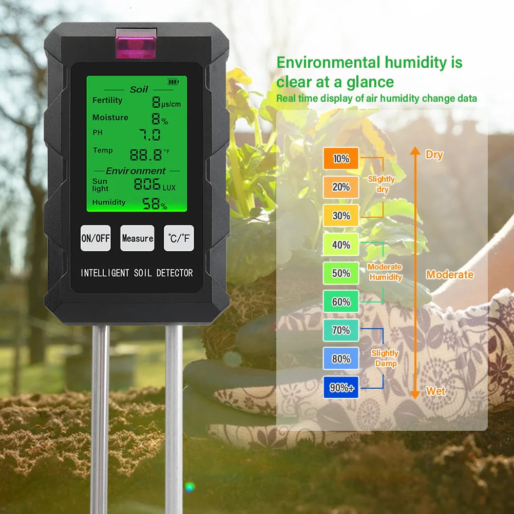 Digital 6-in-1 Soil PH Meter Soil Fertility Soil Moisture Sunlight Environment Humidity Temperature Tester Monitoring Instrument Garden Soli Analyzer 