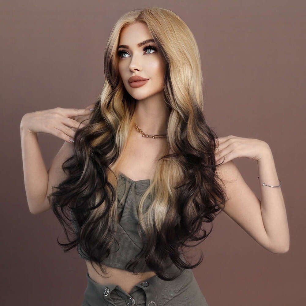 Siamese Cat Gold Gradient T-Shaped Lace Wig, Fashionable Synthetic Full Head Cover, Wavy Long Curly Hair