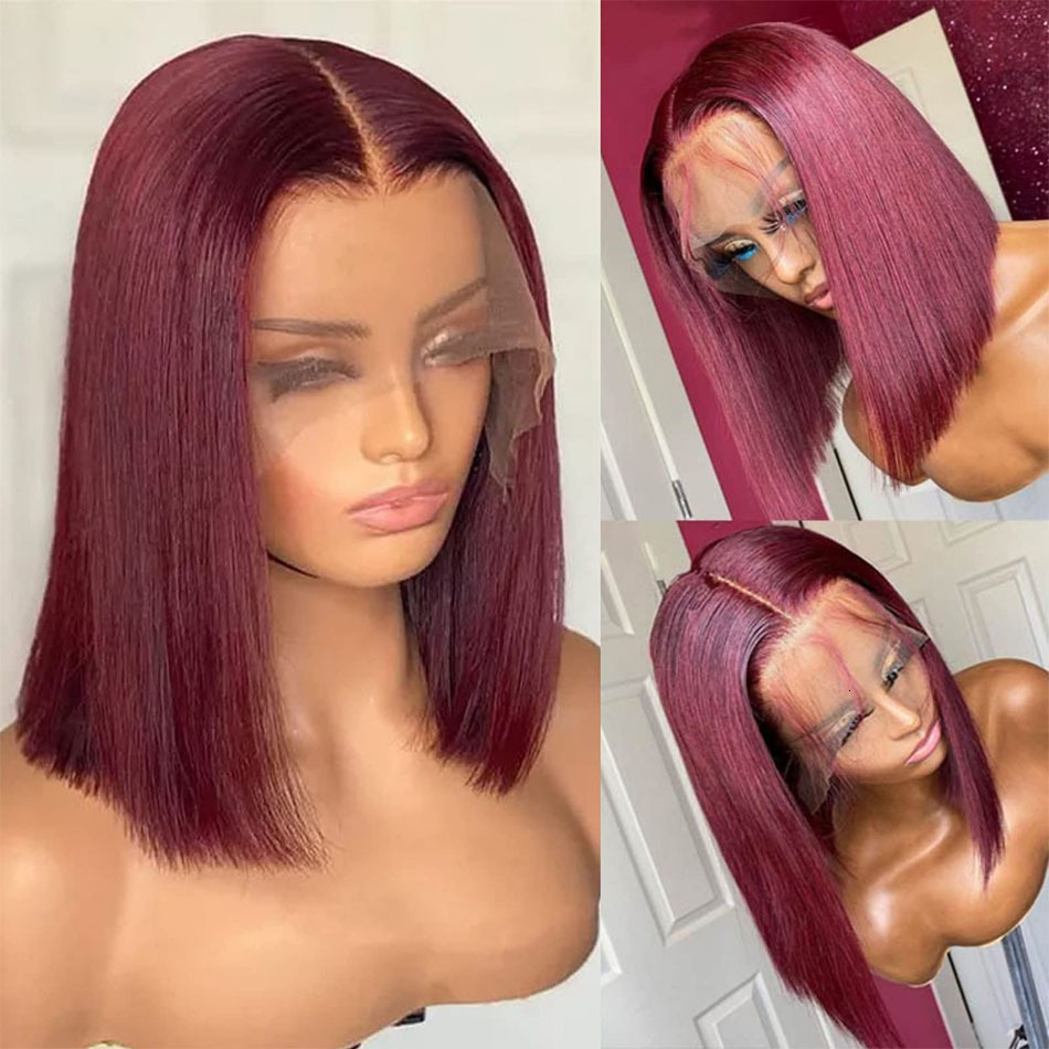 14 Inch 99J Bury Short Bob Human Hair Wigs 13X4 Red Straight Transparent Lace Front Wig Pre Plucked For Women 200% Density