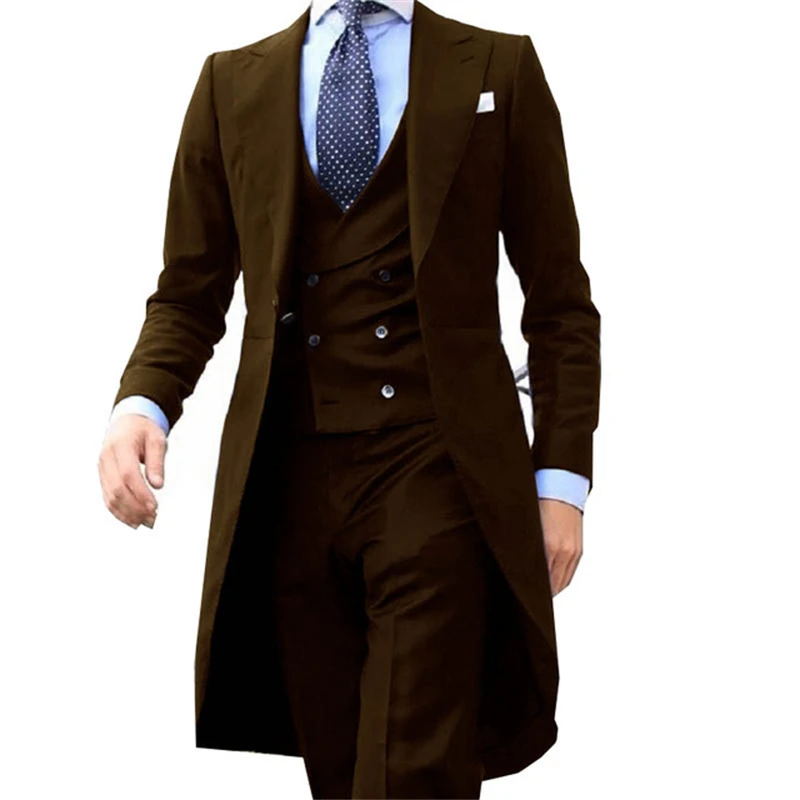 Formal Men Suits with Long Smoking Jacket Slim Fit 3 Pieces Wedding Tuxedo Tailor Made Groom Prom Party Blazer Latest Coat Pants Design