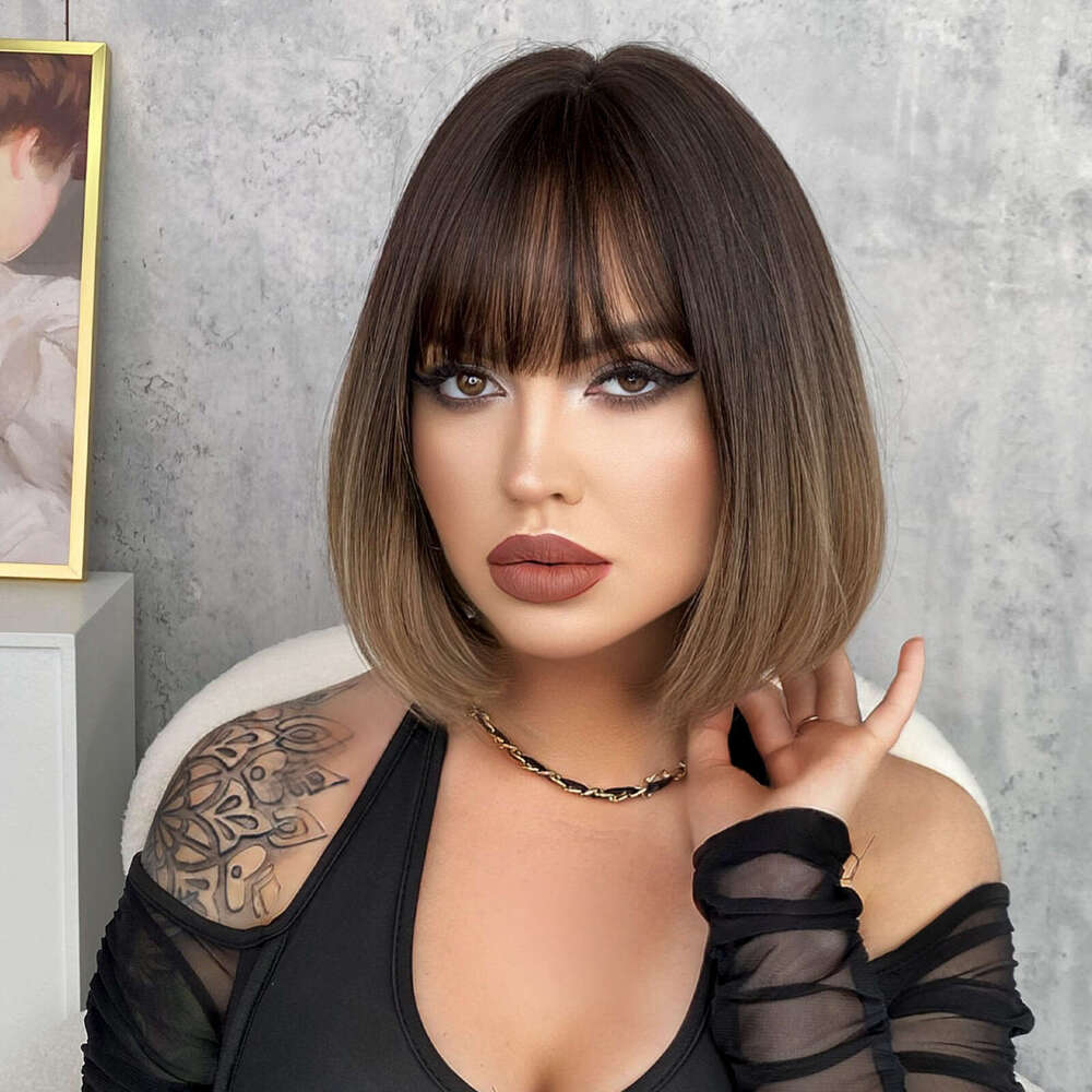 Wig For Women Short Straight Hair, BOB Head, Gradient Inward Button Wig, Headband With Bangs, Bob Head