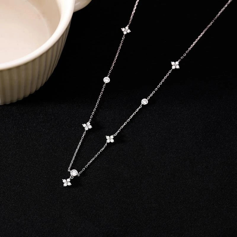 925 Sterling Silver Four leaf Flower Zircon Necklace For Women Choker Clavicle Chain Fine Jewelry Wedding Gift 241010