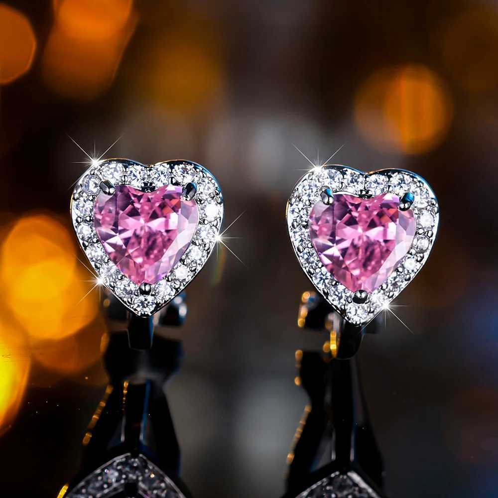Cute female small pink blue zircon heart-shaped clip earrings retro silver zircon wedding jewelry W241017