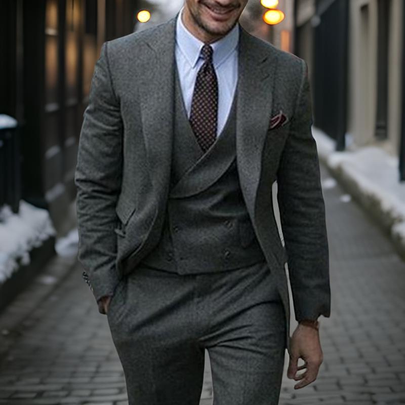 Gray Tweed Wool Men Suits for Winter Peaked Lapel 3 Piece Custom Wedding Groom Tuxedos Set Jacket Vest with Pants 2024 Fashion