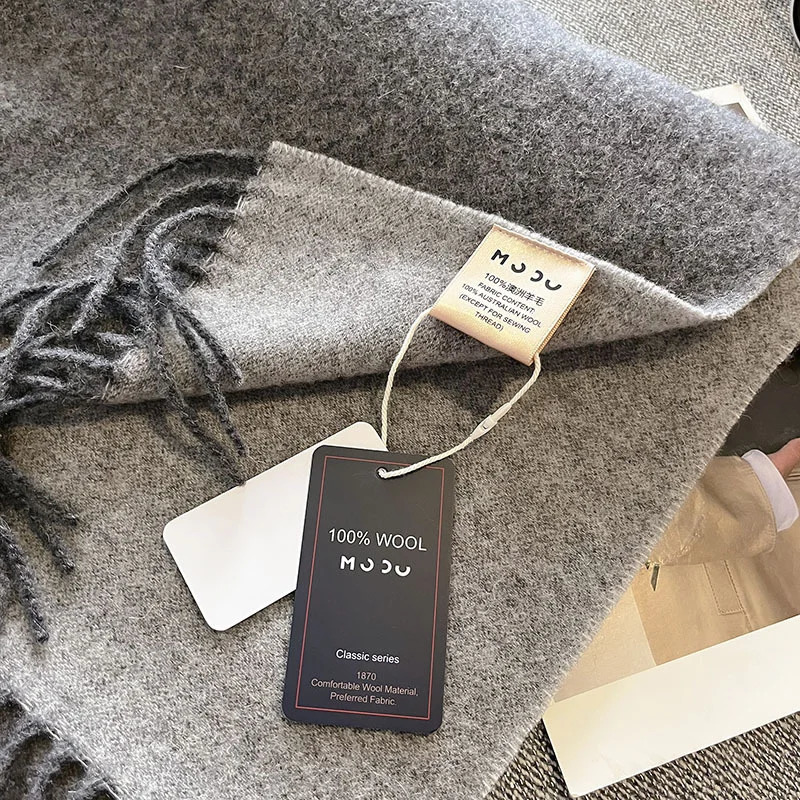 100% wool scarf womens British style Tatar solid cashmere with tassels winter warm neck 241009