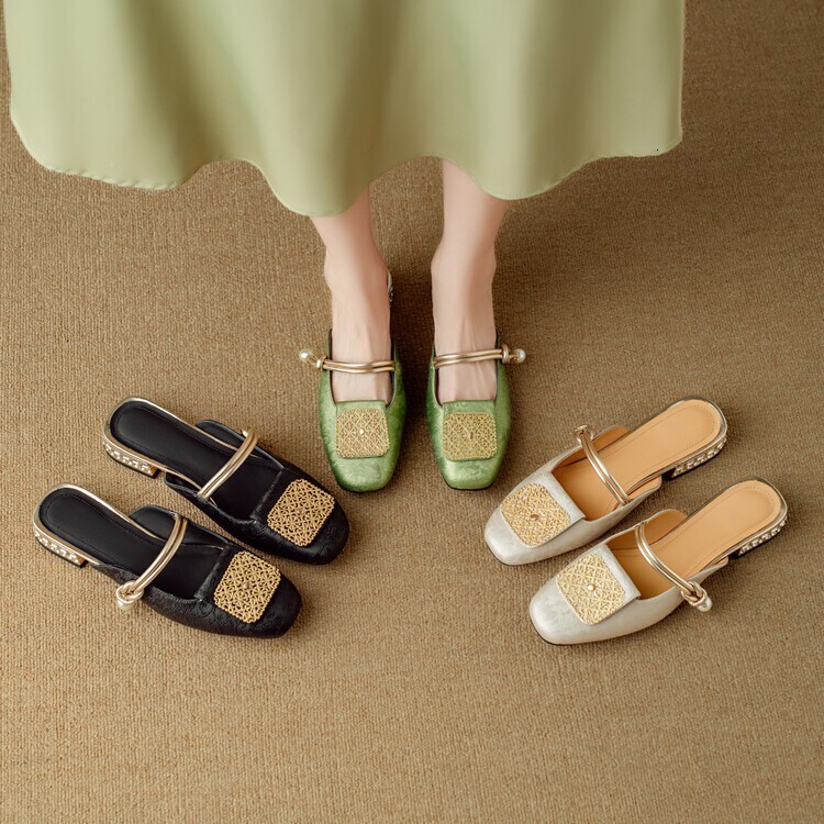 Xiaoxiangfeng Chinese Style Thick Heeled Half Slippers Women In Summer Fashion Shallow Mouth Versatile Square Heel Back Empty Single Sandals For Ddmyt
