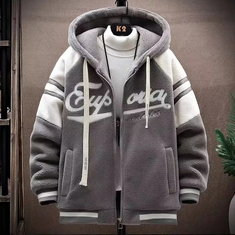 Autumn mens jacket Korean fashion streetwear Harajuku winter gray hooded casual clothing wool warm 241007