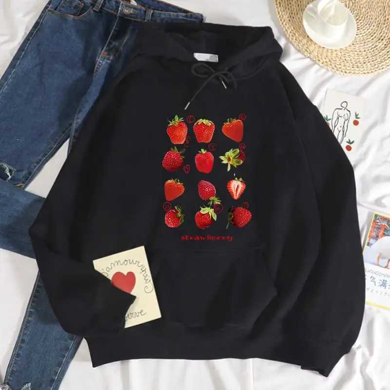 Complete Strawberries Printing Female Sport Shirts Leisure Thick Hoodie Sporty Drawstring Pocket Sportwear Versatile Comfy TopsX241016