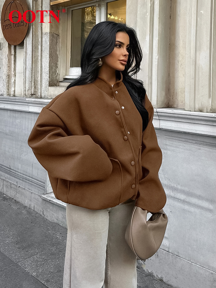 OO Vintage Brown Baseball Jackets Oversize Street Style Pockets Long Sleeves Outwear Tops Autumn Winter 2024 Woolen Warm Coats
