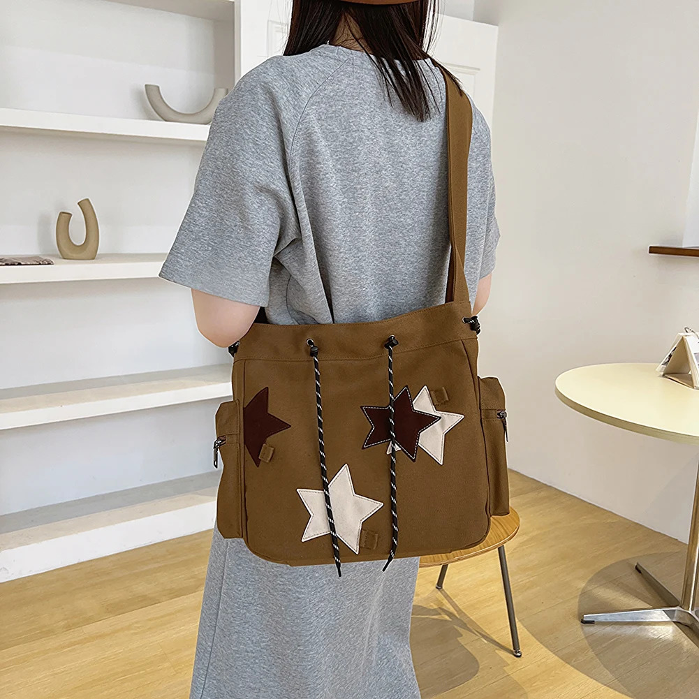Womens Cute Shoulder Bag Large Capacity Canvas Daily Shopping Bag Star Stickers Y2K Street Style School Bag 241007