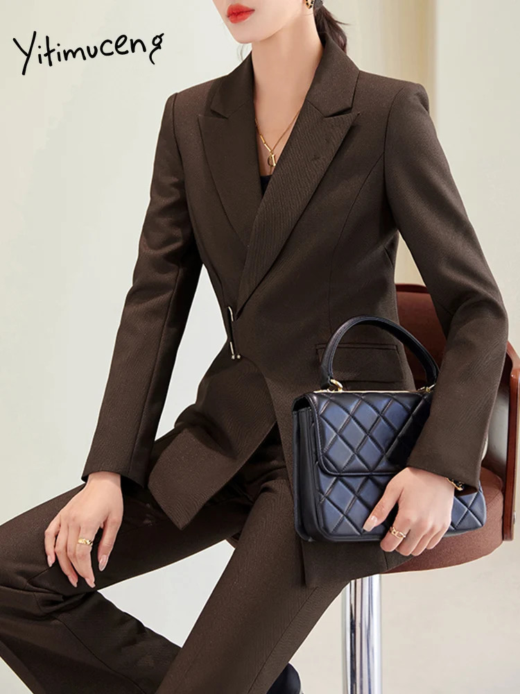 Brown Navy Blue Black Womens Formal Pants Set Jacket and Trouser Work Clothes Autumn Winter 2piece 241009
