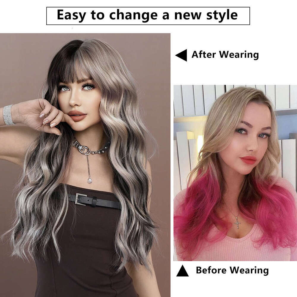 Sier Highlights Ash Synthetic Long Wavy Wig With Bangs