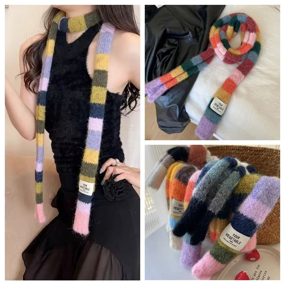 Harajuku style Y2K striped scarf paired with clothing accessories rainbow long narrow scarf Korean style 241017