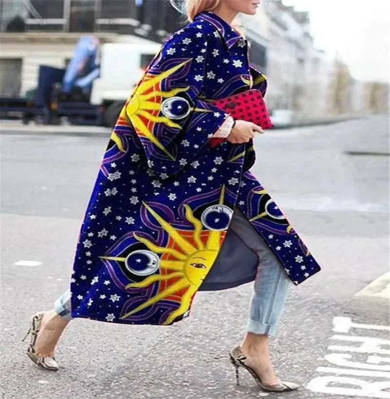 2024 Trench Coat Windbreaker Outwear for Women Fashion Geometric Print Color Female Casual Long Cardigan Coat Turn-Downs 241017