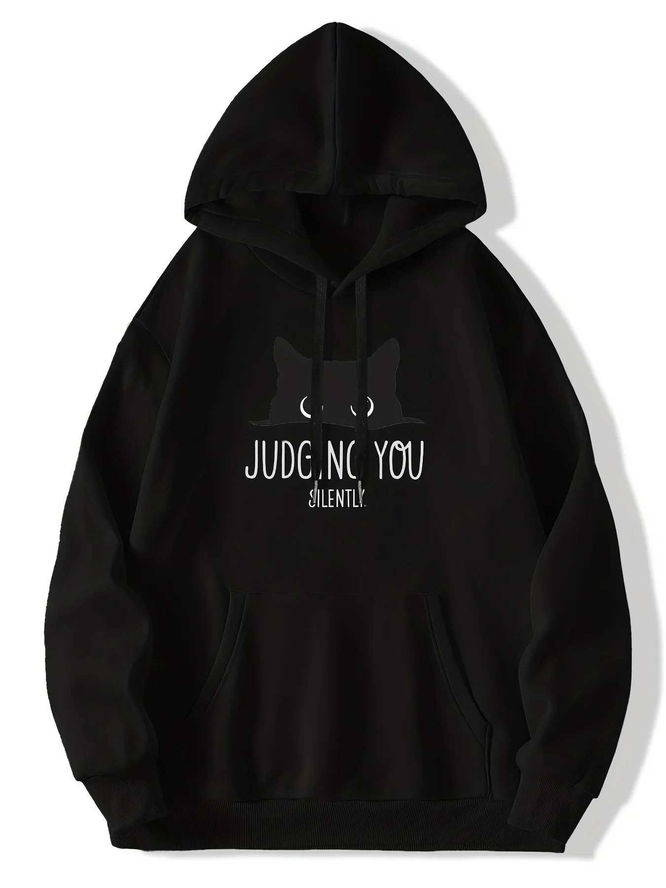 Cozy Mens Black Cat Fleece Hoodie | Machine Washable Casual Pullover with Kangaroo Pocket | Warmth and Style for Fall/WinterX241016