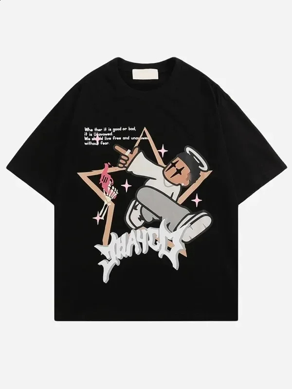 Y2K Hip Hop Letter Printed T Shirt Cartoon Oversized Tops Harajuku Fashion Casual All Match Loose Streetwear 241017